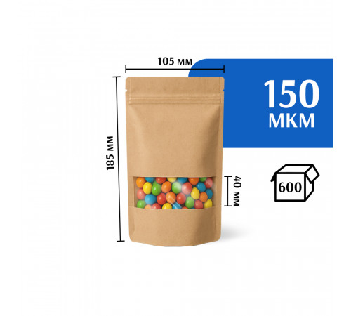 Крафт пакет дой-пак 105х185 с окном 40 мм