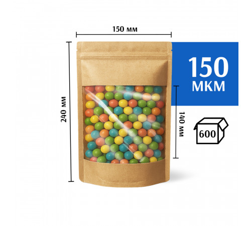 Крафт пакет дой-пак 150х240 с окном 140 мм