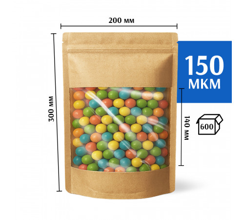 Крафт пакет дой-пак 200х300 с окном 140 мм