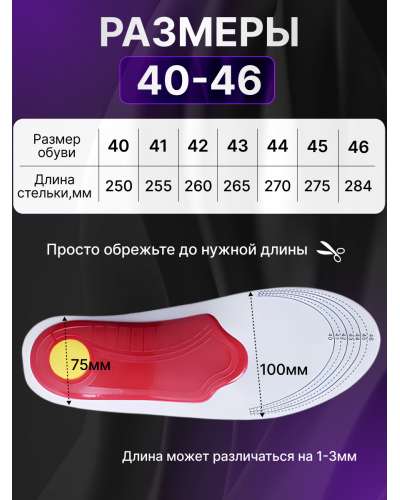 Ортопедические каркасные стельки при плоскостопии и усталости ног (размер: 40-46)